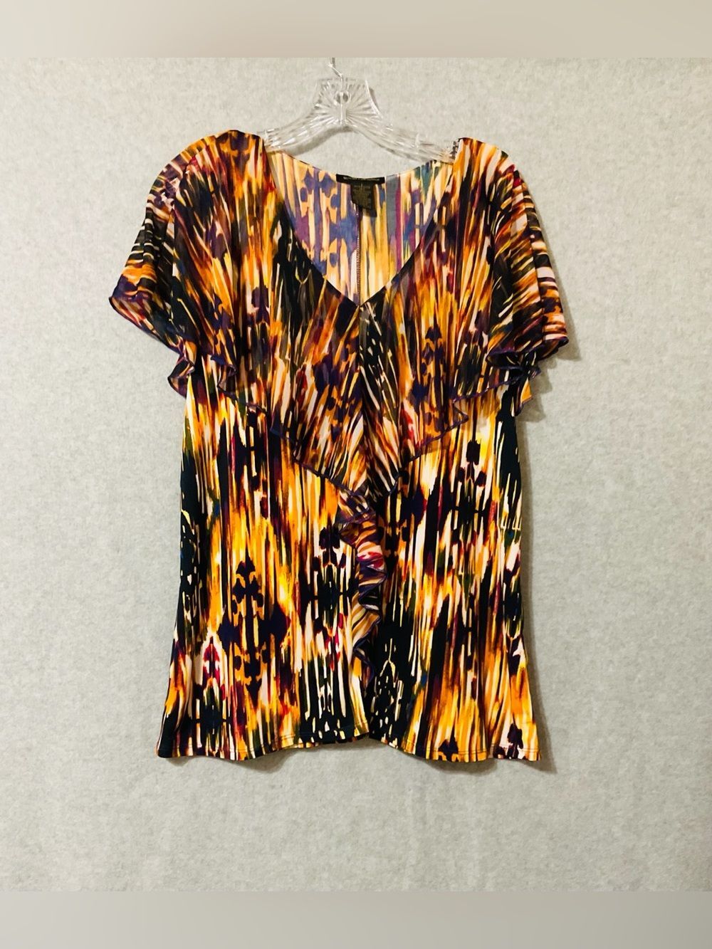 Susan Lawrence Black Multi Ruffle-Front V-Neck Blouse Sz L